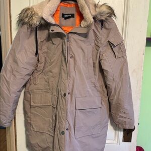 DKNY Beige Coat with Faux Fur Trim